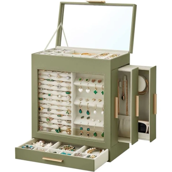 SONGMICS 5-Tier Jewelry Organizer Box with Glass Lid and Mirror