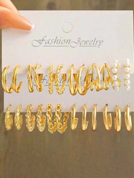 24pcs/Set Fashionable Minimalist Faux Pearl Metal Multi-Element C-Shaped Hollow Geometric Braided Hoop Earrings Set For Women, Suitable For Vacation, Party, Dating And Daily Wear