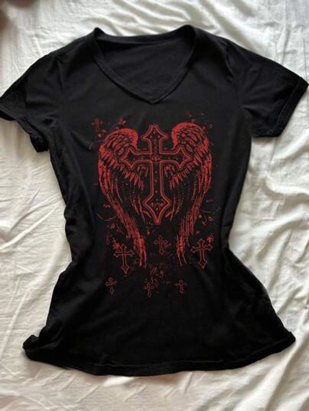 Women's Gothic Wing Printed Y2K Style Round Neck Short Sleeve T-Shirt, Suitable For Party, Festival, Gifts, All Seasons