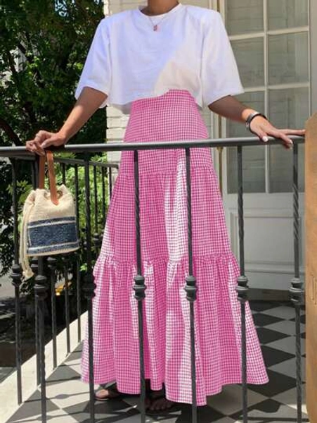 EARO Retro French Women's Casual Minimalist Daily Versatile Black & White Plaid Design High Waist Slimming Elastic Waist Knee-Length A-Line Flared Skirt, Spring/Autumn New Arrival, Elegant Sweet Elegant Long Loose Checkered Cake Skirt