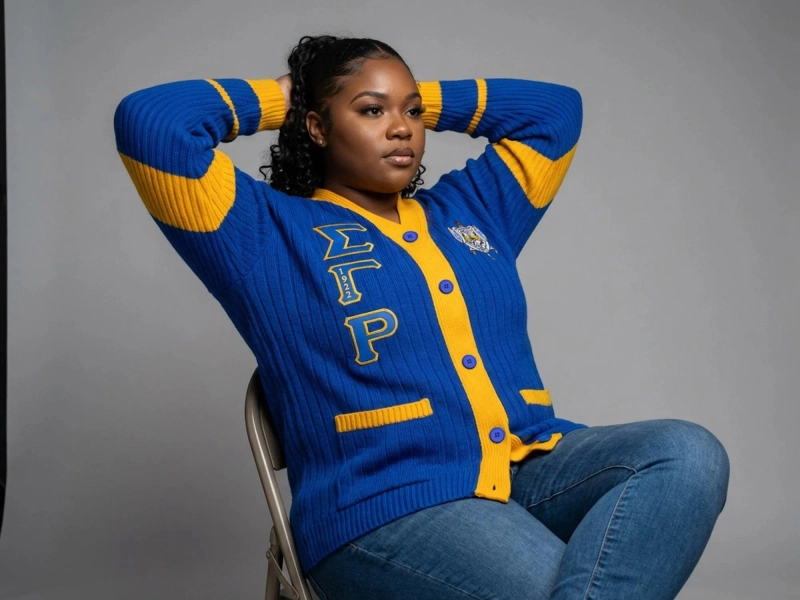 Sigma Gamma Rho Striped Knitted Cardigan Sweater, Royal Blue & Gold