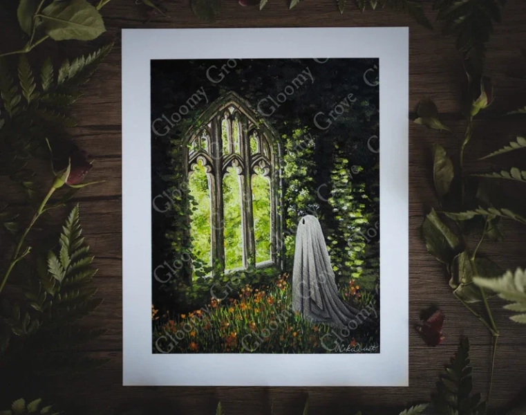 8x10in Fine Art Print | Overgrown | Spooky Ghost | Fall Artwork | Halloween | Halloween Art | Cottagecore