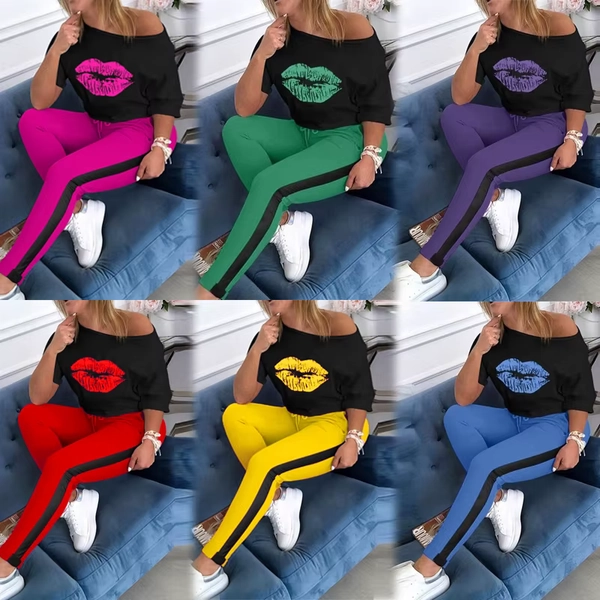 New Style Lip Print in the Sleeve Round Neck Sports Set - AliExpress 200000345