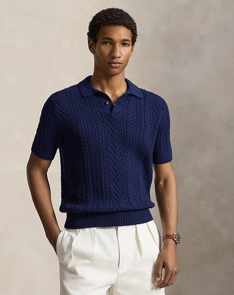 Aran-Knit Cotton Polo-Collar Jumper
