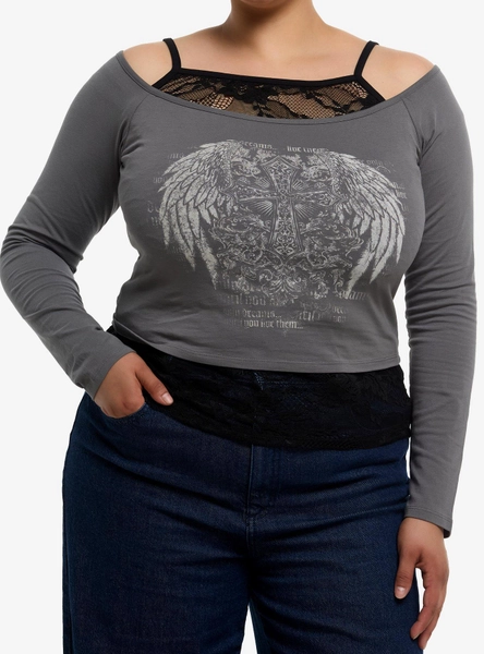Grey & Black Lace Cami Winged Cross Girls Twofer Long-Sleeve Top Plus Size