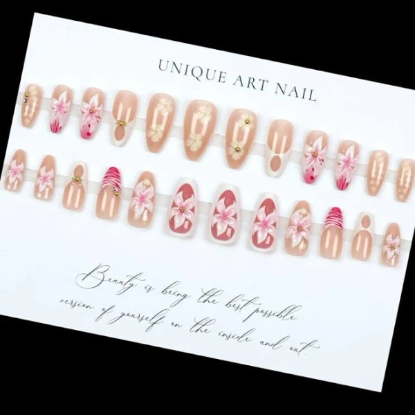 24PCS Handmade 3D Almond Armor Flower Removable Charm Fake Nails Travel On Vacation Make Friends
