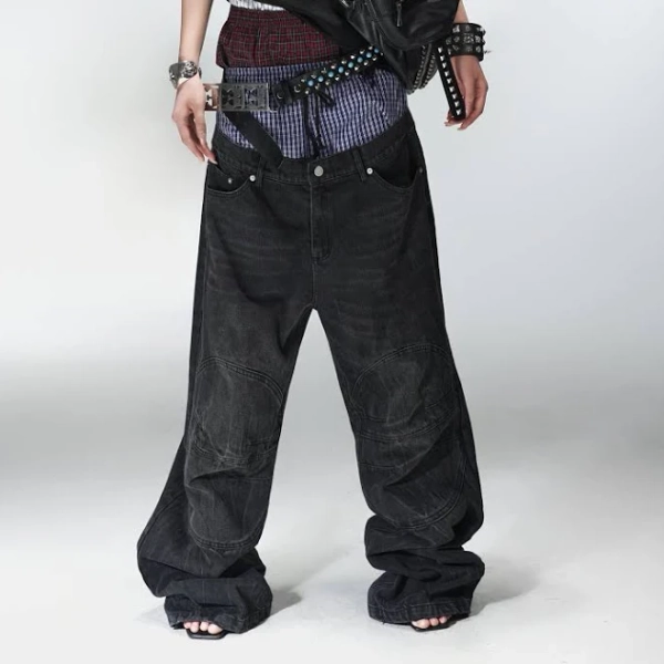 PCCVISION Double-Waist Washed Baggy Jeans