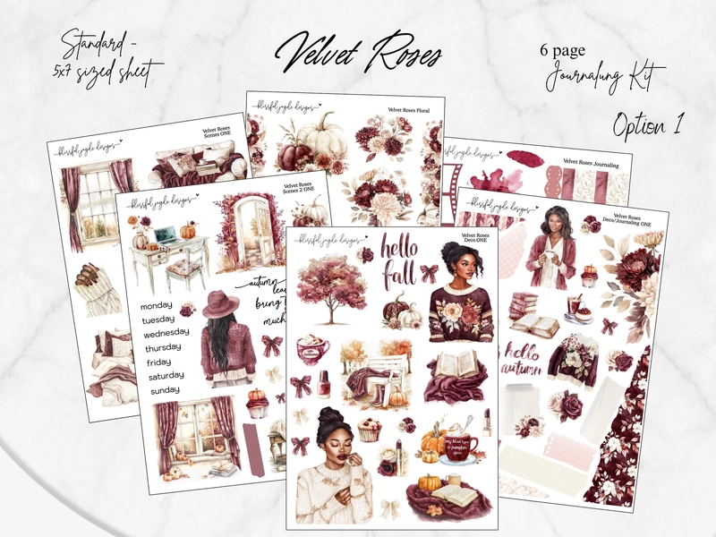 Velvet Roses Journaling Kit: Planner Stickers, Scrapbooking (5x7in, Matte Paper Options)