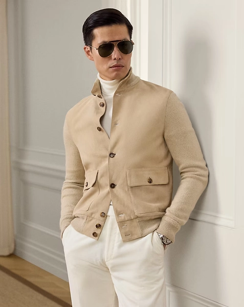 Suede-Front Cashmere Cardigan