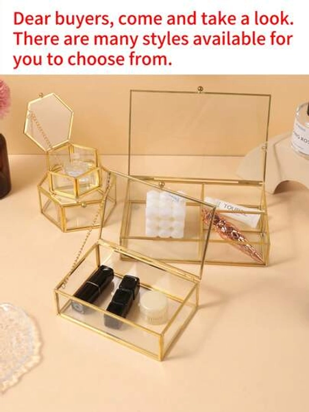 Luxury Hexagonal Ring Box For Elegant Jewelry Storage, Stunning Golden Jewelry Display Case With Glass Top, Perfect For Christmas, Thanksgiving, New Year, And Valentine's Day Gifts, Ideal For Organizing Rings, Necklaces, And Bracelets, Chic Home Decor For Fashion Enthusiasts, Exquisite Design For Special Occasions, Enhance Your Jewelry Collection With This Stylish Storage Solution, Room Decor - Size Rectangle 20*13*4.5