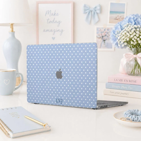 Personalized Blue Polka Dot MacBook Case, Monogram Laptop Cover, Cute Custom MacBook Gift for Her Student Graduation