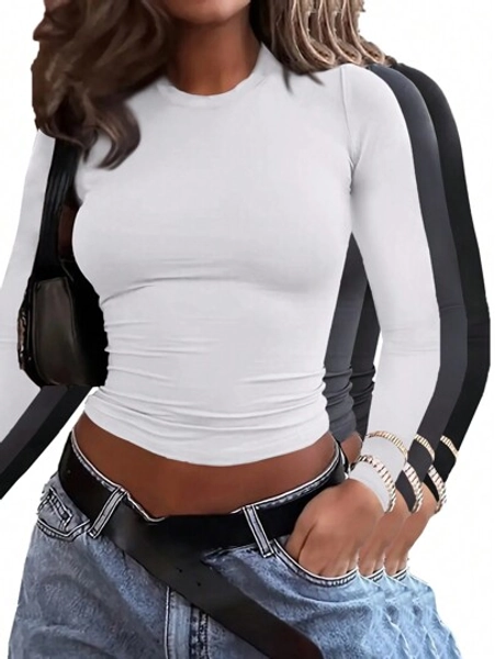 INAWLY Solva Women's Solid Color Crew Neck Long Sleeve Casual T-Shirt For Spring Outfit