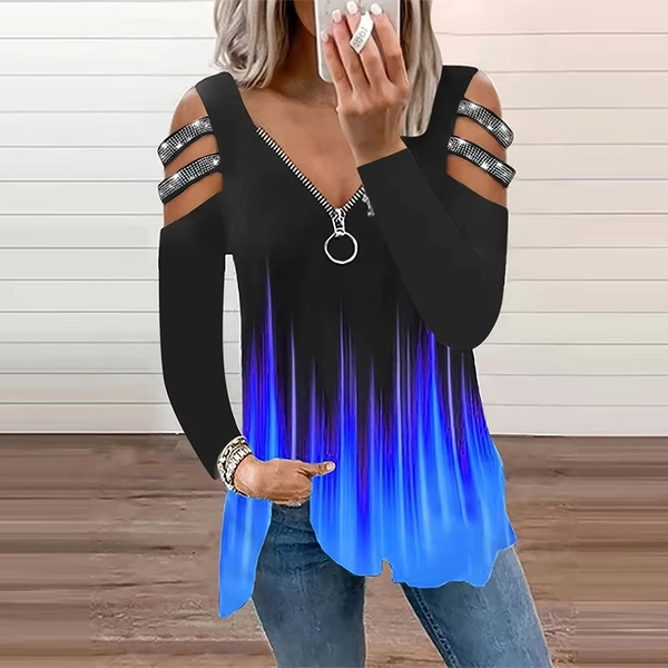Gradient Color Zipper V Neck T-shirt Casual Loose Off Shoulder Long Sleeve Fashion T-Shirts Tops Women's Clothing - AliExpress 200000345