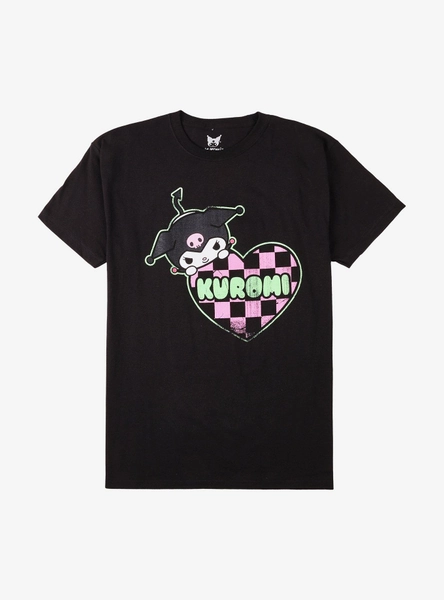 Kuromi Pink & Black Checkered Heart T-Shirt