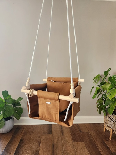 Fabric Baby Swing. Indoor Swing. Nursery Decor. Baby Shower Gift. First Birthday Gift. Toddler Swing. Boho Toy. Back Support. Rustic Brown.