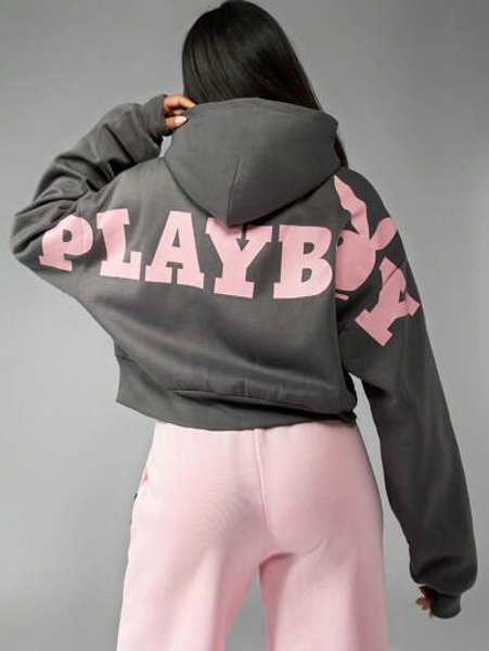 Missguided x Playboy Vintage Inspired Logo Cropped Zip-Up Hoodie, Streetwear Fall Winter Loungewear Classic Bunny Design Retro Fashion Sweatshirt, Casual