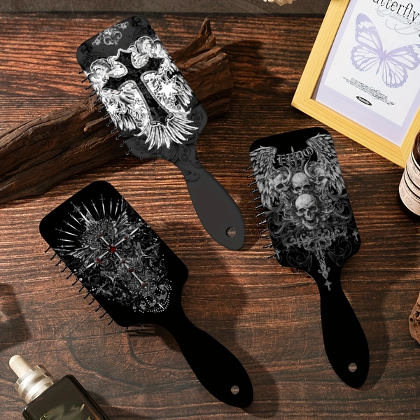 1pc Gothic Skull & Cross Pattern Air Cushion Comb - Nylon Bristles, ABS Handle, Large Detangling Brush for Normal Hair, Stylish Black Design with Red Accents, Hair Care Accessory | Gothic Aesthetic | Nylon Bristle Comb, Hair Brushes