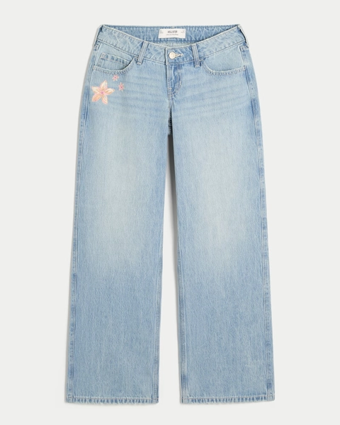 Ultra Low-Rise Light Wash Floral Print Baggy Jeans
