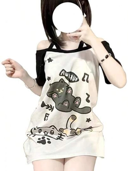 Y2k Kawaii Shirts Women Cartoon Graphic Tees Off Shoulder Cutecore Shirts Harajuku Fashion Gothic Tops