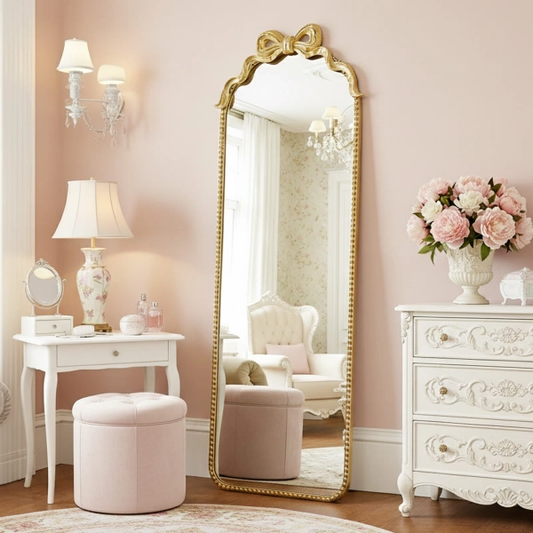 Ebern Designs Antique Gold Baroque Arched Floor Mirror with Bow Accent (61" x 22") | Wayfair