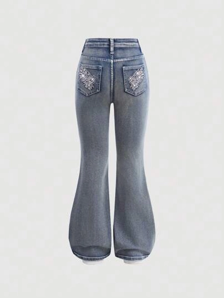 SHEIN Girlism Teen Girls Y2K Fashion Embroidered Beaded Stonewashed Denim Flare Leg Jeans With Pockets, Girls Fall Clothes Homecoming Concert Outfits