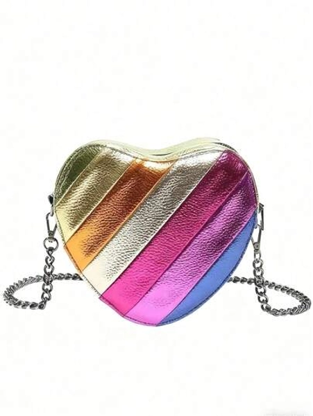 New Love-Shaped Rainbow Pattern Messenger Bag, Mini Colorful Striped Chain Shoulder Bag, Daily Casual Simple Texture Fashion Color Matching Cute Cosmetic Bag Coin Purse, Suitable For Going Out Shopping, Taking Pictures And Checking In