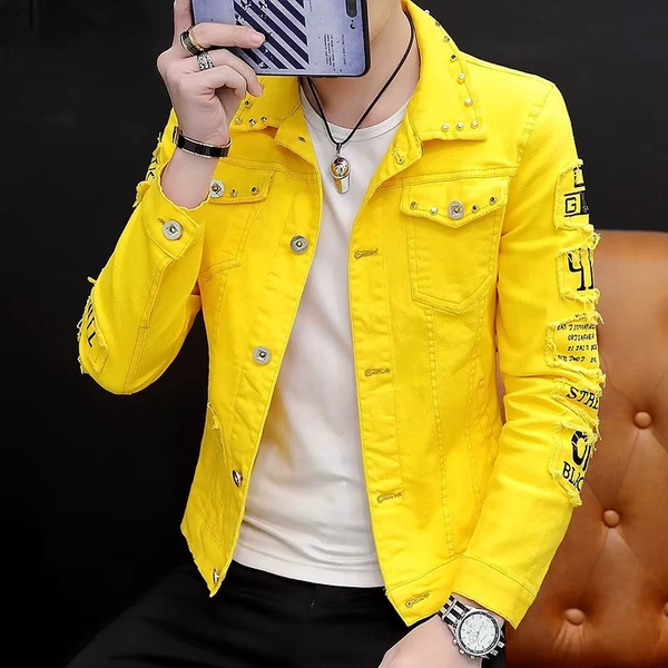 Mens Jacket Lapel Solid Rivet Denim Jacket korean fashion Casual Tight Coat Short Homme Varsity Jacket High-quality Men Clothing - AliExpress 200000343