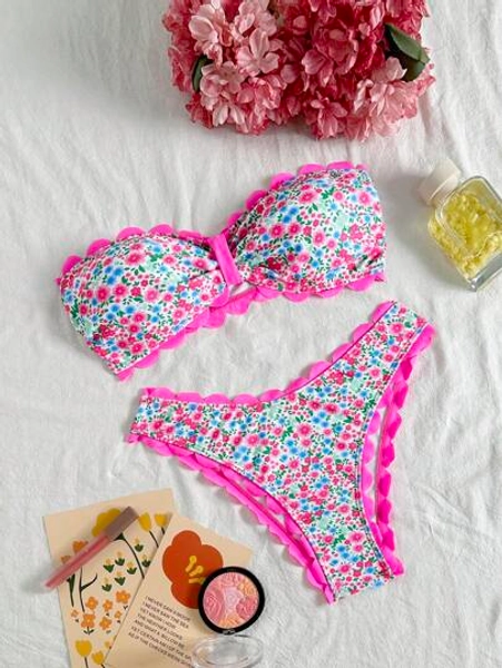 Swim Mod 2025 New Women 2pcs/Set Random Floral Print Ruffle Trim Bandeau Bikini Top & Bikini Set Bottom, Sexy Beach Vacation Swimwear Sets For Summer