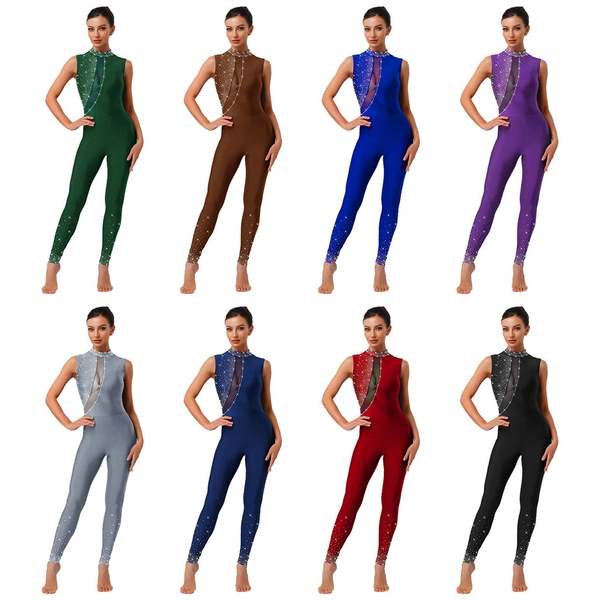 inhzoy Macacão Feminino De Ginástica Com Strass Brilhantes , Sem Mangas , Costas Vazadas , Bodycon , Unitard , Para Comp | Shopee Brasil