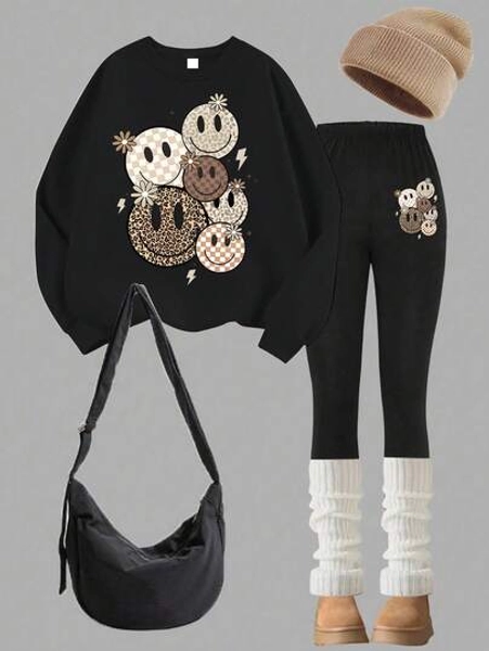 2pcs Set Tween Girl Adorable Smiling Face Print Sweatshirt Set, Soft And Skin-Friendly, Autumn & Winter Daily Streetwear