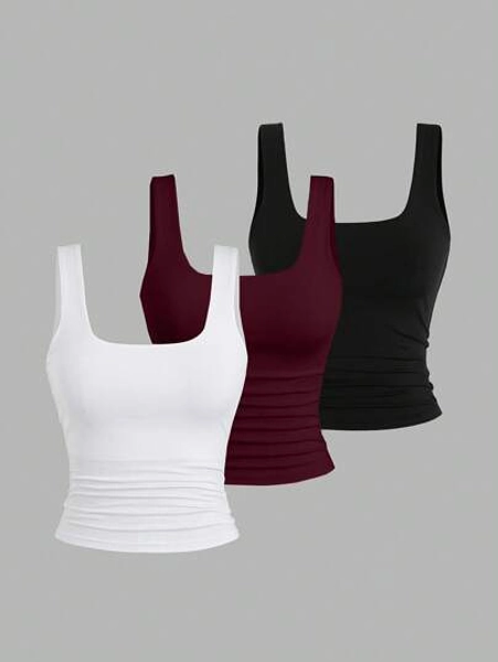 Sweetra Women's Solid Color Square Neck Pleated Fitted Casual Tank Top