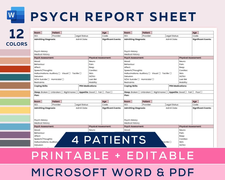 Psych Nurse Report Sheet for 4 patients, Psych/Mental Health, Psychiatric Nurse Brain, Behavioral Health Nurse, Editable Microsoft Word, PDF