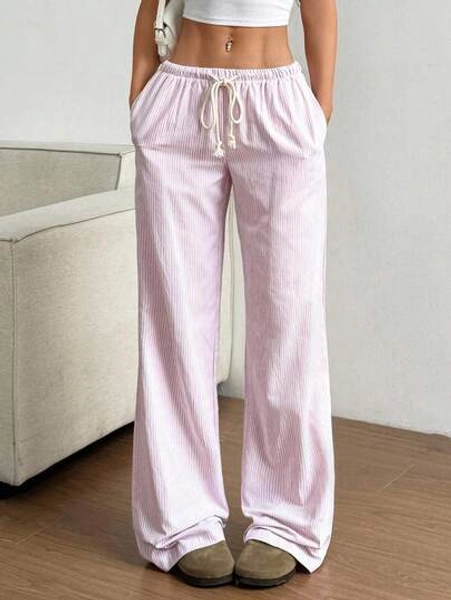 SHEIN PETITE Pink Cotton Striped Low Waist Drawstring Tie Waist Side Pockets Straight Leg Wide Leg Pants, Casual Everyday Sweet & Elegant Petite Women, Spring/Summer Fall Cloth For Women