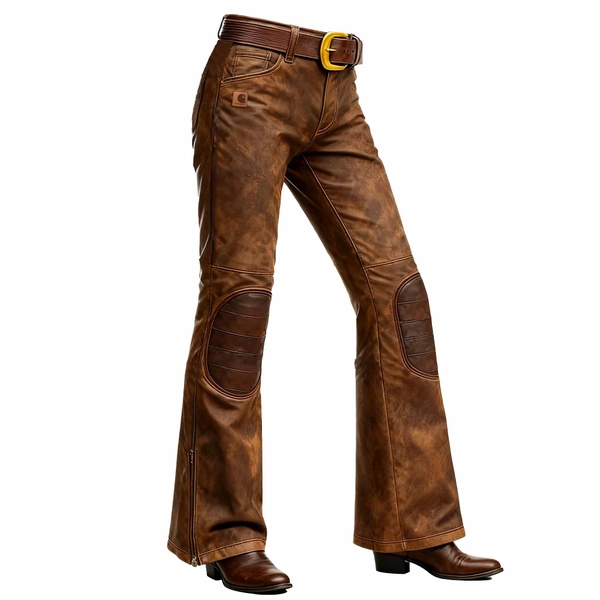 Women's Vintage Brown Leather Knee Patches Flared Pants