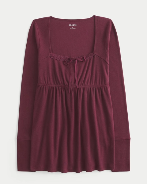 Easy Lace Trim Long-Sleeve Babydoll Top