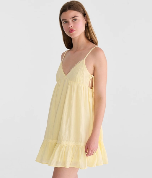 Solid V-Neck Lace-Trim Babydoll Mini Dress