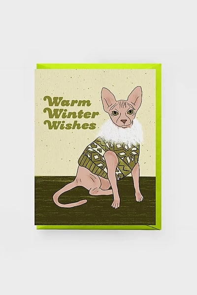 Boss Dotty Sweater Cat Holiday Greeting Card in Green at Urban Outfitters