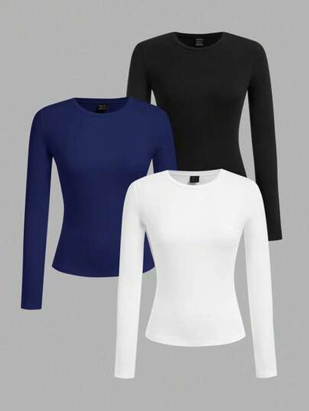 SHEIN EZwear 3pcs/Set Plus Size Women Crew Neck Casual Tight Fit Long Sleeve T-Shirt Set, Suitable For Autumn/Winter,Fall Clothes For Women