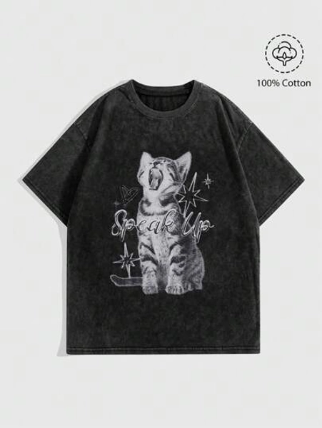 ROMWE Grunge Punk Women Vintage Washed, Stir-Fried Snowflake Fabric Loose T-Shirt With Cute Cat Print, School, Unisex