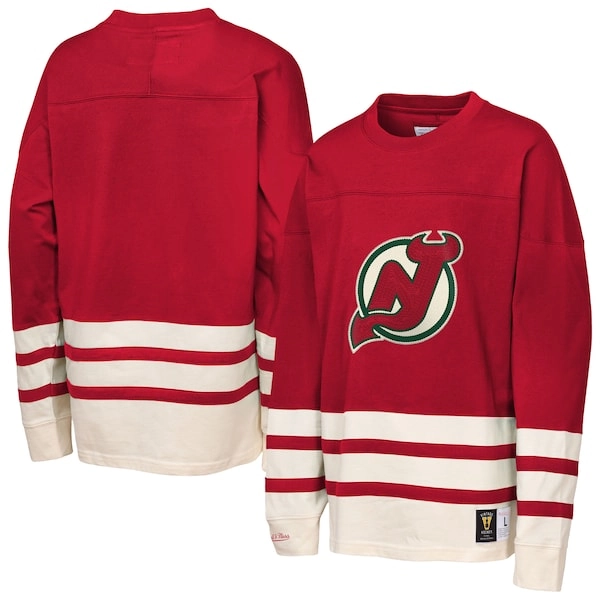 Youth New Jersey Devils  Mitchell & Ness Red Chainstitch Heavyweight Long Sleeve Top