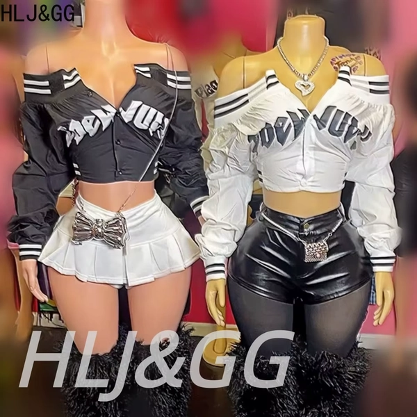 HLJ&GG Fashion Off Shoulder Button Top Two Piece Sets Women Long Sleeve Crop Top And Leather Shorts Outfits Y2K 2pcs Streetwear - AliExpress 200000345