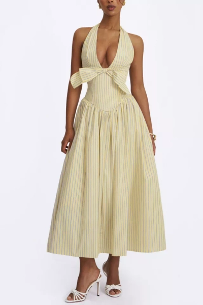 Miss Circle Talise Cotton Poplin Stripe Plunging Halter Maxi Dress