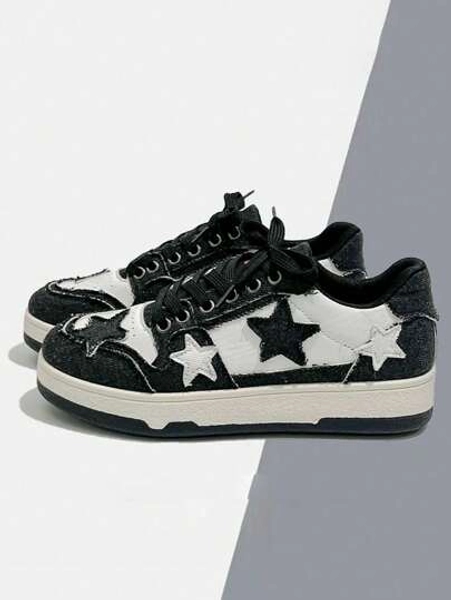 New Arrival Literary Style Star Pattern Sneakers For Women, Casual Shoes With Round Toe, Lace-Up Design, Low Cut, Large Size