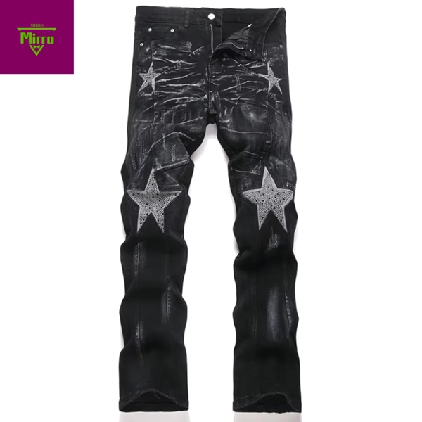 【Mirrordust】Diamond Star Patchwork Jeans Men Fashion Black Straight Slim Denim Pants Rhinestone Splicing Jeans Trousers for Male - AliExpress 200000343