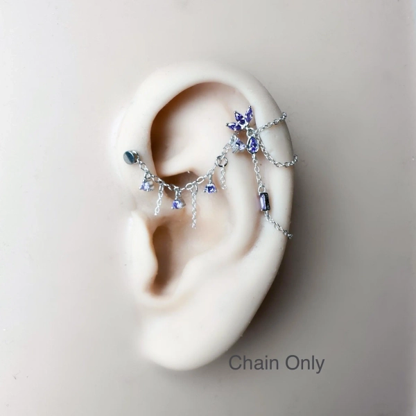 Dainty Industrial Barbell Amethyst Flutter Chain (only) for Piercing, Helix Chain Piercing, Chain Earring, Conch Chain Piercing 14g, 16g