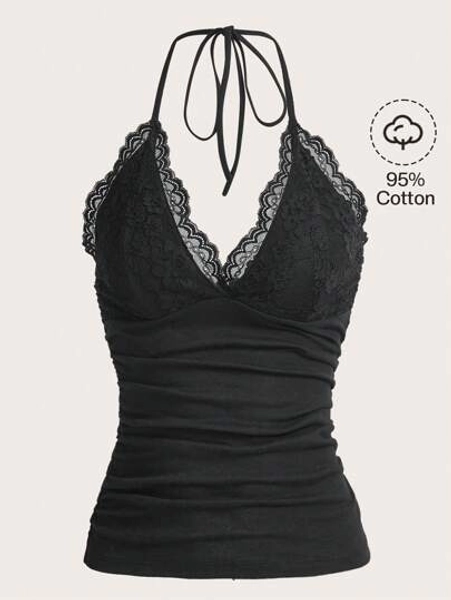 ROMWE PUNK Grunge Contrast Lace Ruched Halter Top Without Gloves - Size S