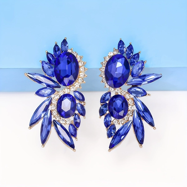 Fashion Exaggerated Alloy Earrings Blue Rhinestone Geometric Symmetrical Earrings Angel Wings Alloy Earrings Temperament Full of Crystal Earrings Banquet Wedding Premium Bridal Earclips