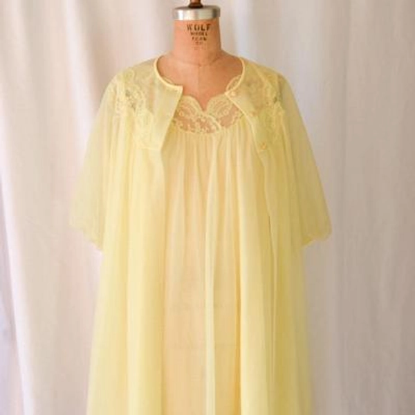 1960s Shadowline Peignoir Set: Vintage Citron Yellow Nylon Chiffon Matching Robe and Nightgown