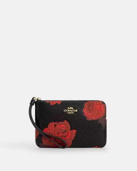 Im/Black/Red Corner Zip Wristlet With Floral Print