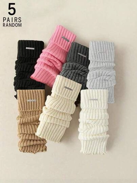 5 Pairs Women's Solid Color Vertical Striped Leg Warmers, Simple Fashion Versatile Thigh High Socks For Autumn/Winter